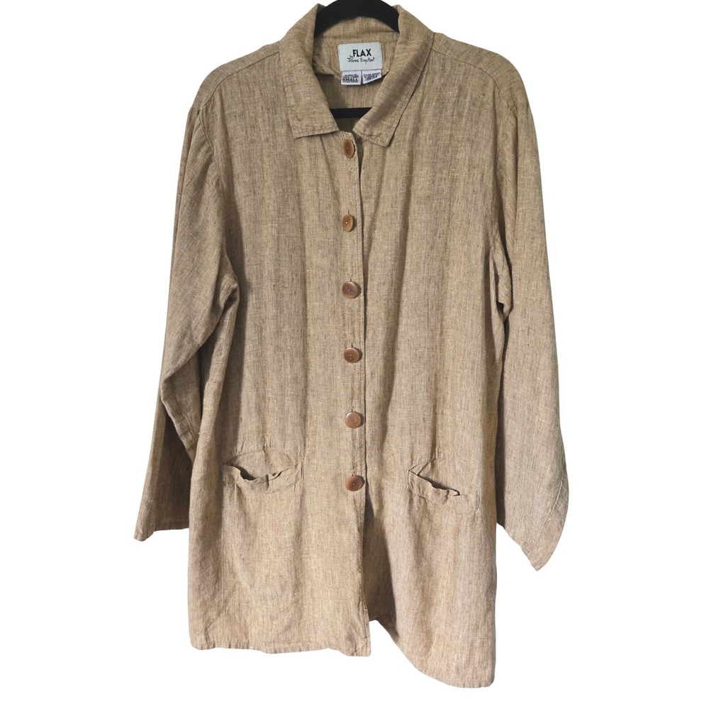 Flax by Jeanne Engelhart 100% Linen Button Front Jacket Tan Oatmeal Womens Small